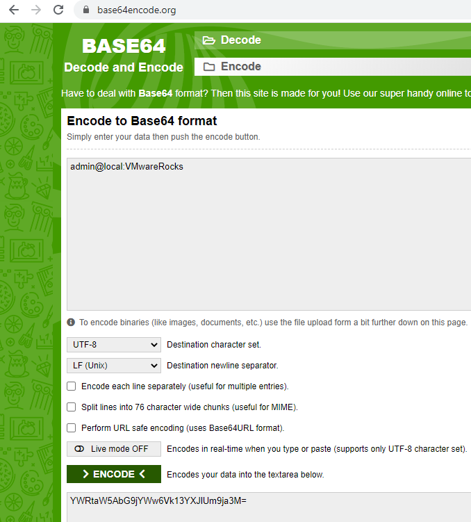 Base64Encode.org the vRSLCM password